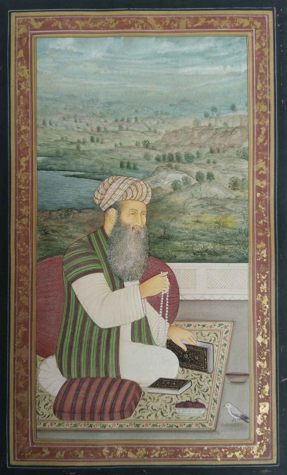 Miniature mughal painting bearded sufi shaykh with prayer beads